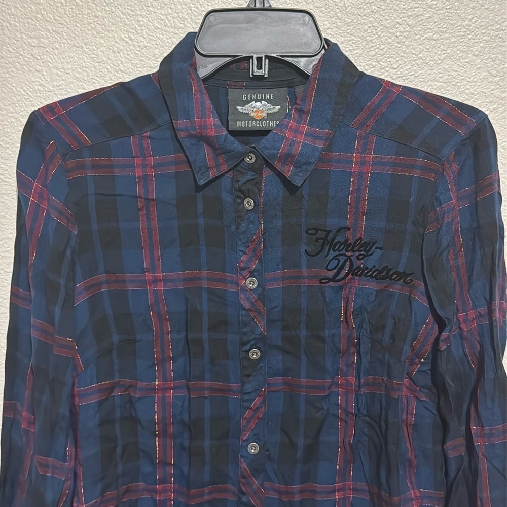 Harley-Davidson Flocked Roses Plaid Button Down Women’s Top - Picture 2 of 6
